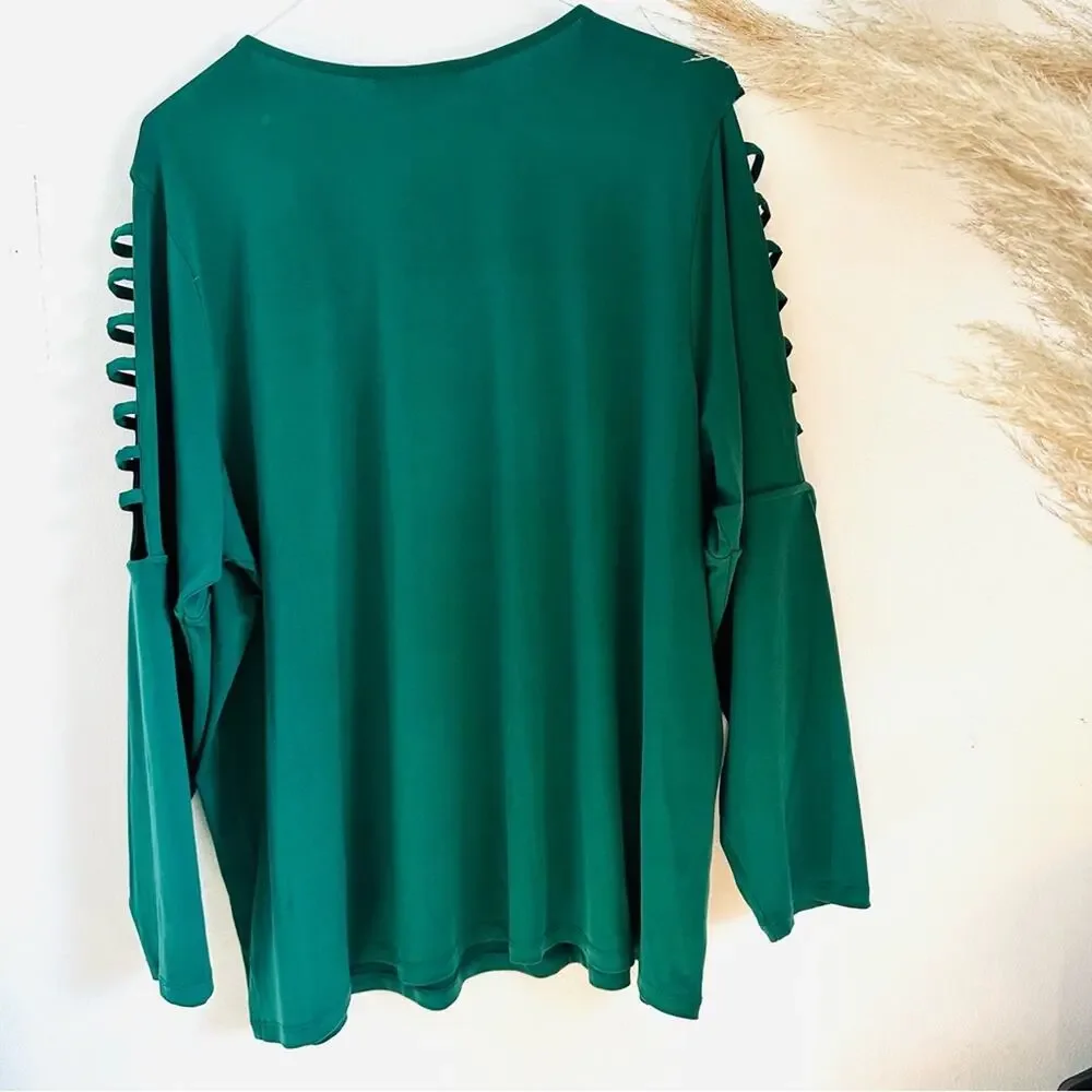 MICHAEL KORS Emerald Green Square Cutout Long Sleeve Tunic Blouse Top Shirt 3X
